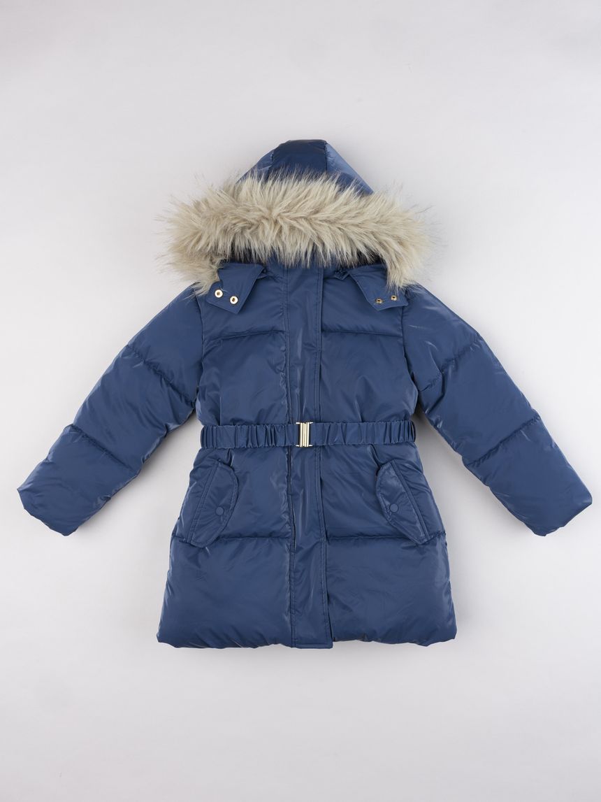 Piumino bambina lungo blu avio con cintura e cappuccio in finta pelliccia