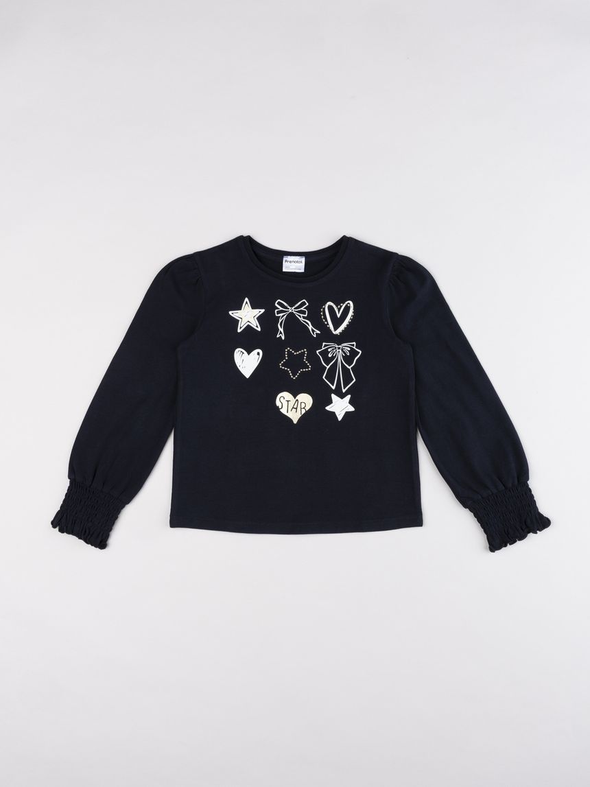 T-shirt bambina blu scuro con grafiche e polsini a nido d'ape