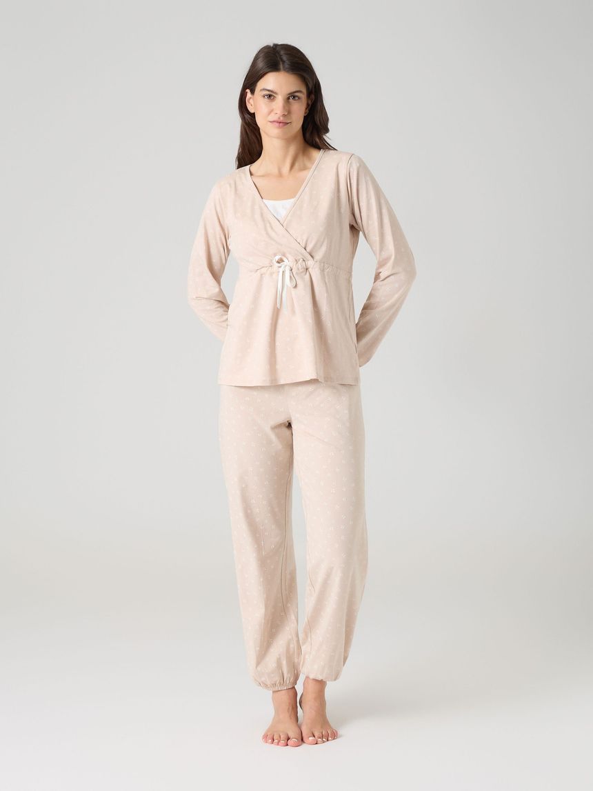 Pigiama allattamento due pezzi motivo foglioline beige