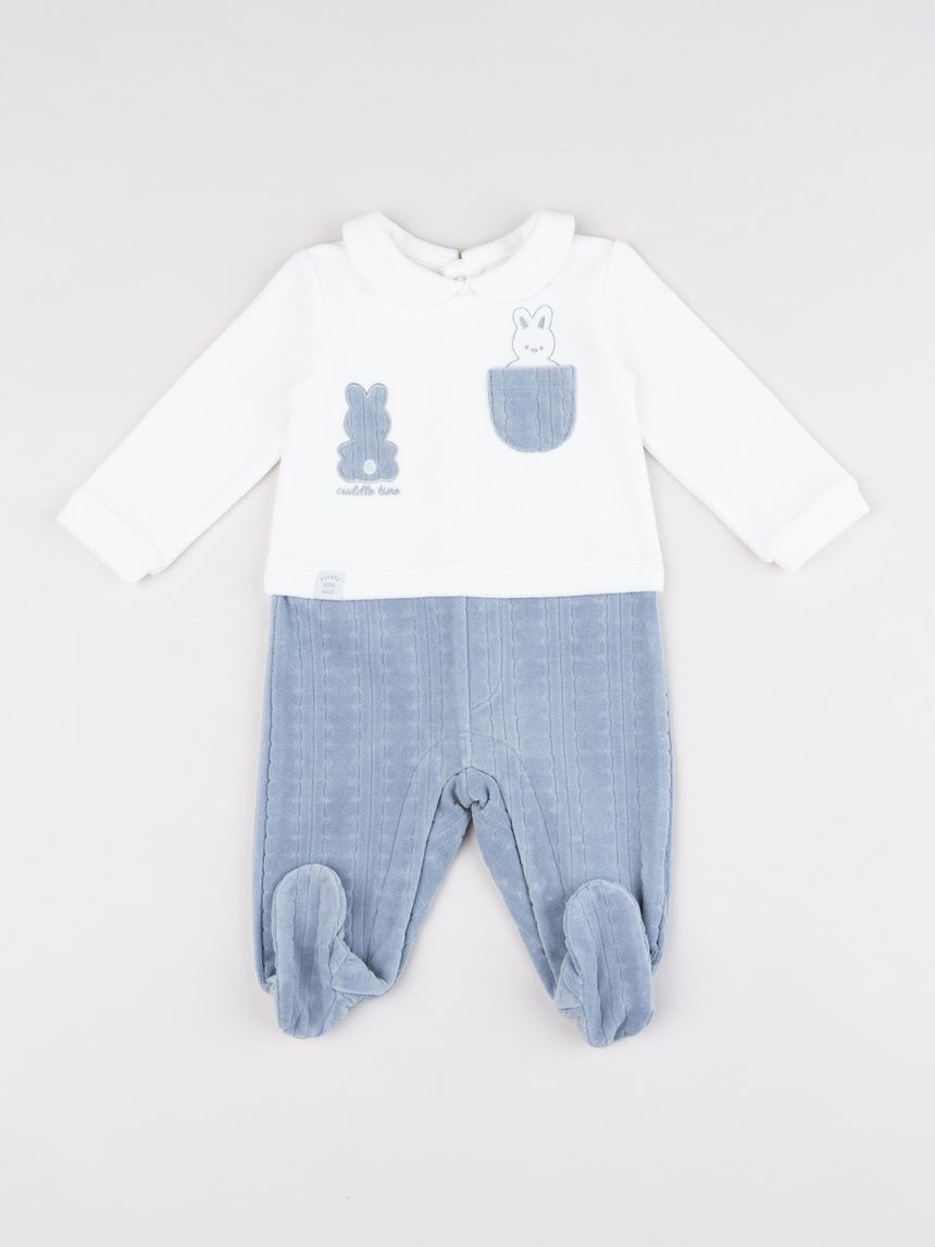 Tutina panna/blu neonato intera in ciniglia