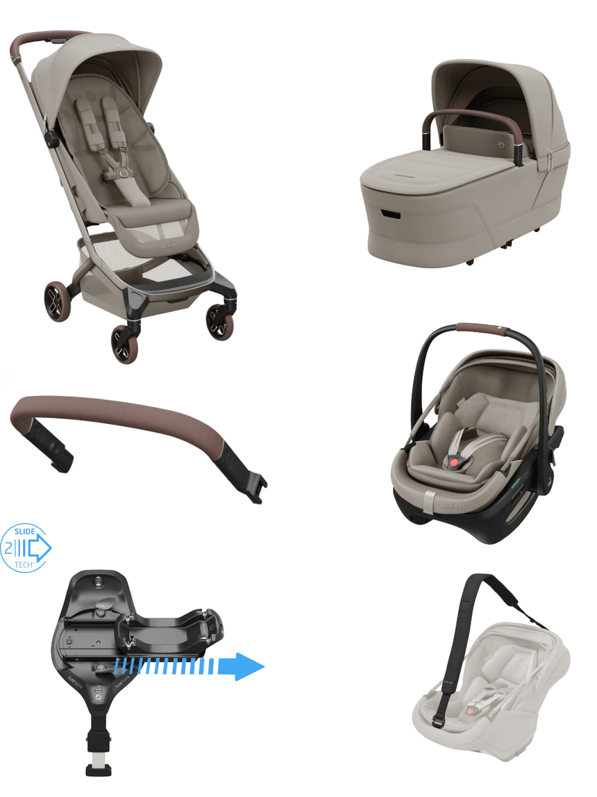 Passeggino fame cabin shappire sand + corrimano + navicella + seggiolino reclinabile coral slide pro + base familyfix + tracolla - maxi cosi