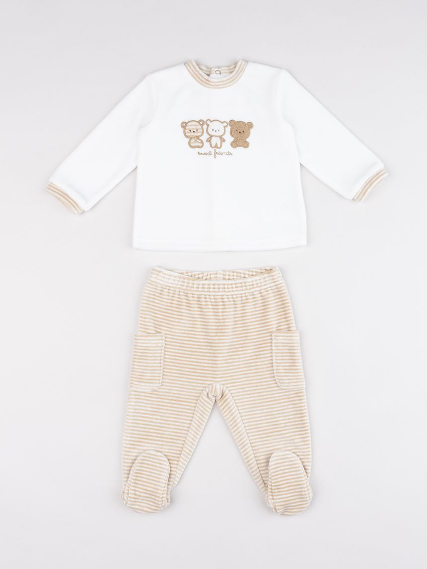 Completo bimbo in ciniglia beige/panna orsetti