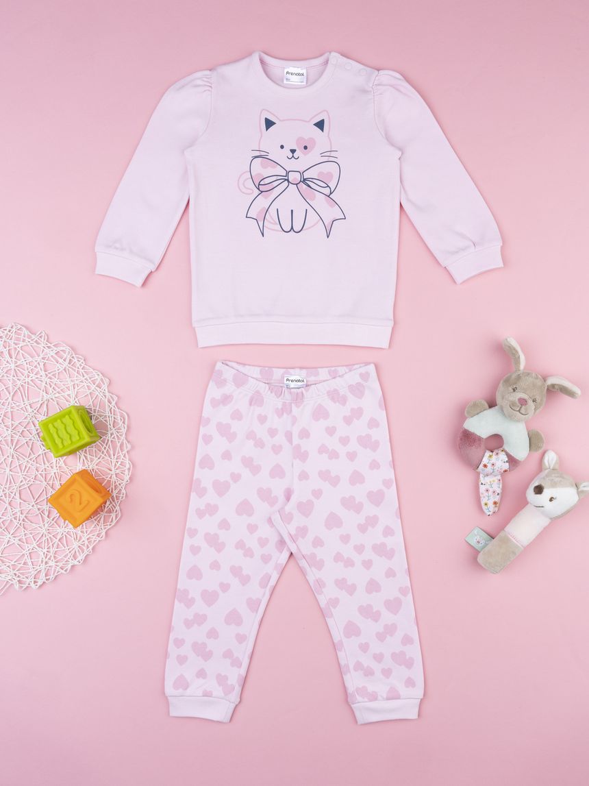 Pigiama bimba rosa cuori e gatto