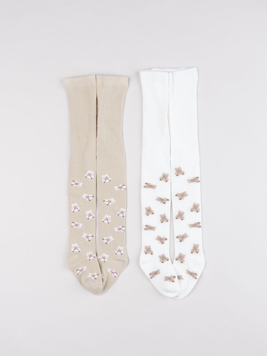 Pack due collant bimba orsetti bianco e beige