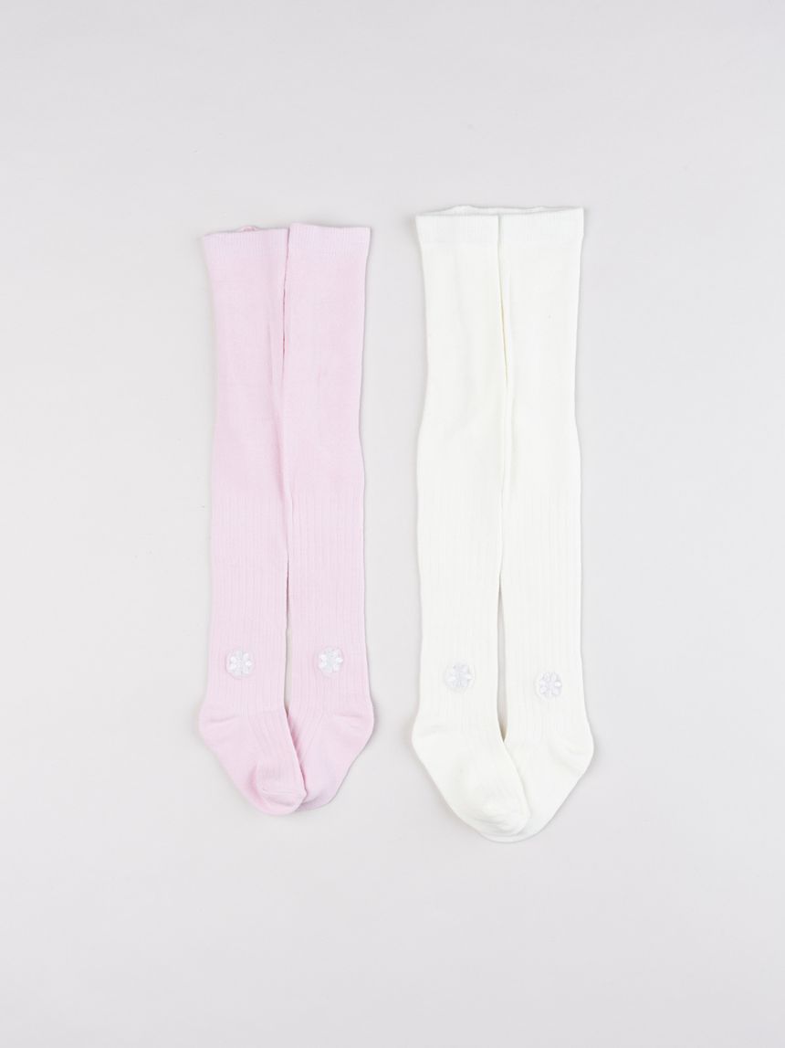 Collant bimba rosa e panna con ricamo