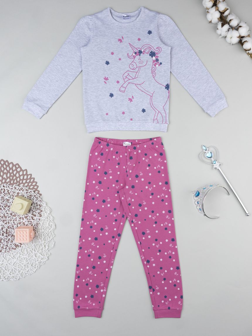 Pigiama leggero bambina grigio/fucsia unicorno