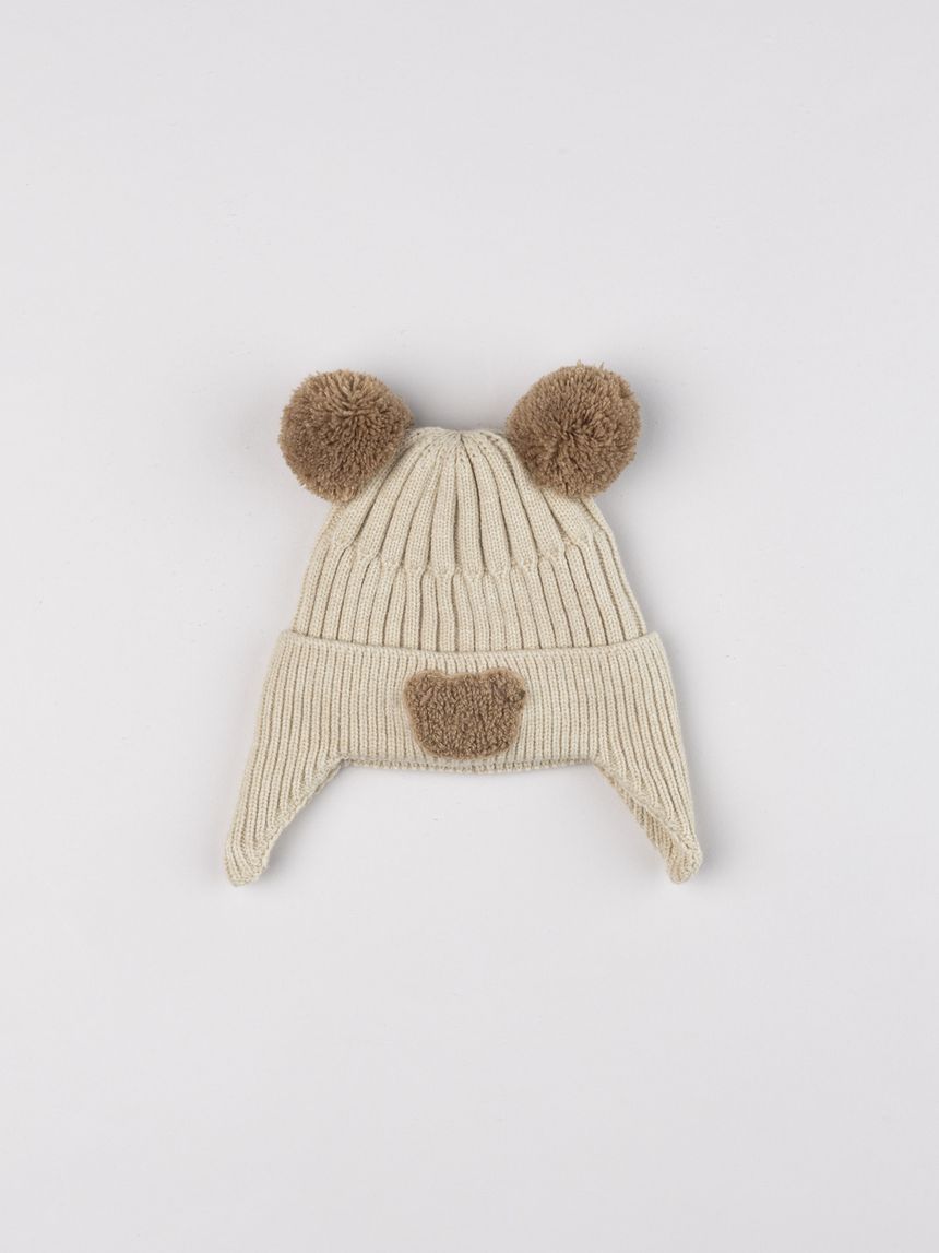 Cappello bimbo beige a coste con paraorecchie e dettagli orsetto
