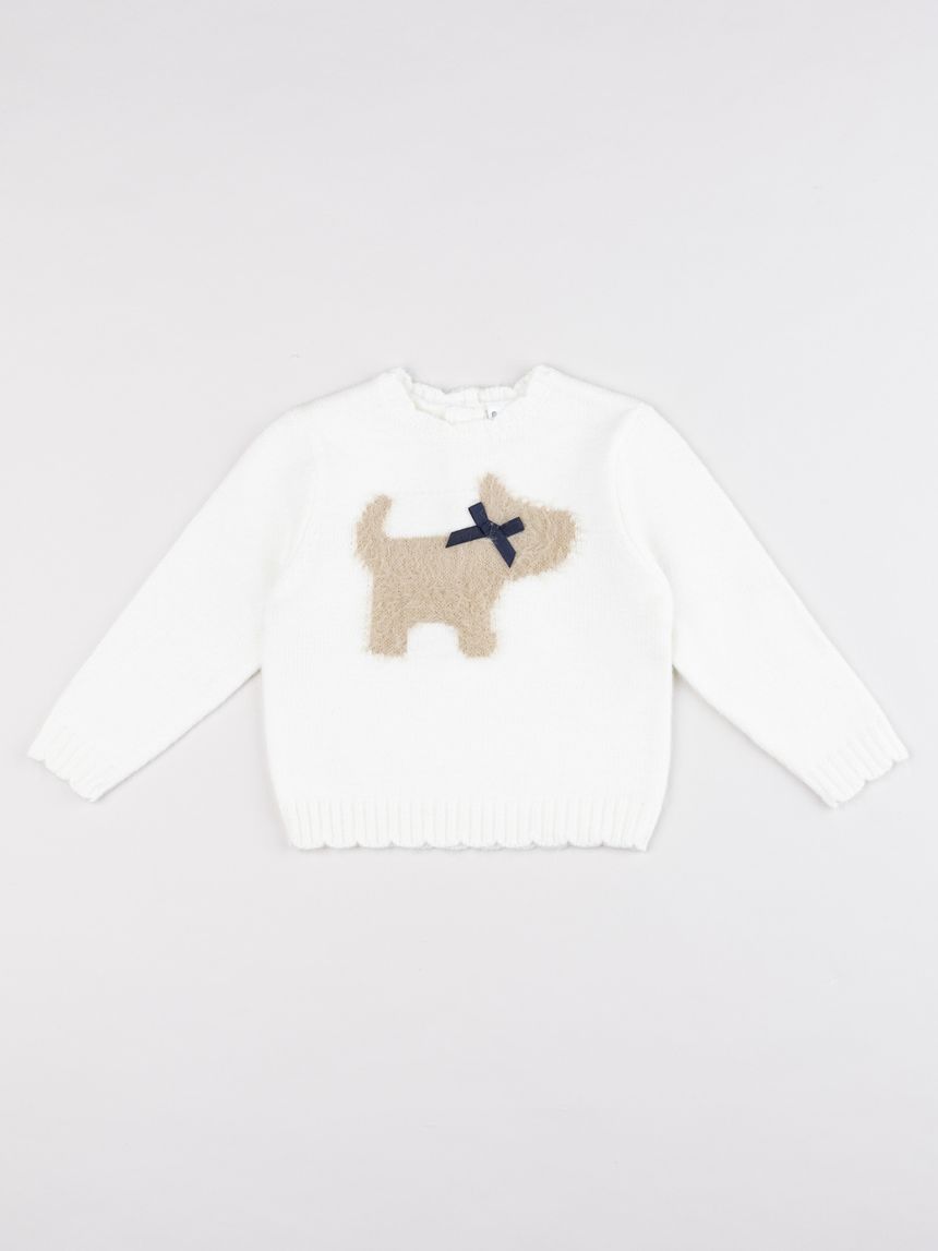 Maglia tricot bianca bimba cane e bordo smerlato