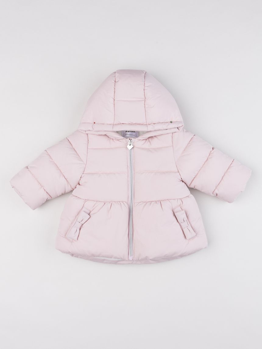 Giubbotto imbottito da bambina rosa chiaro con fiocchetti