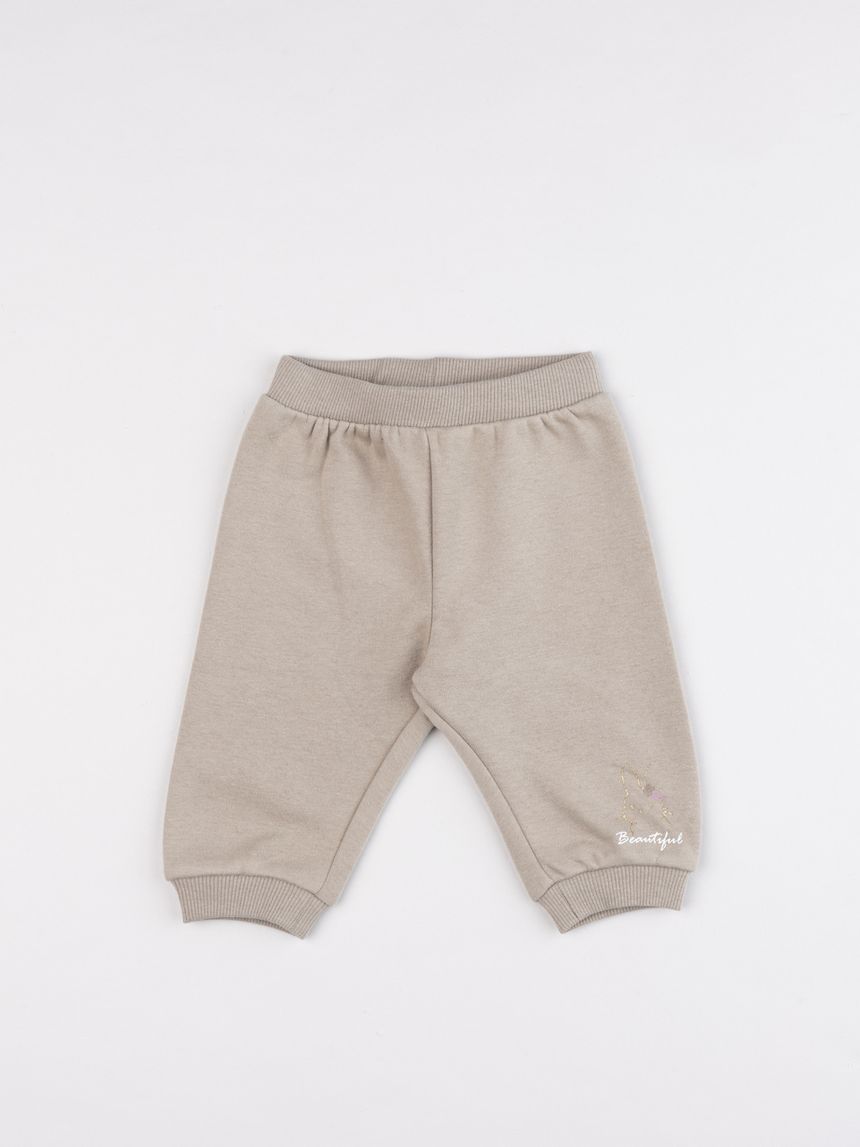 Pantalone felpato neonata beige con scritta "beautiful"