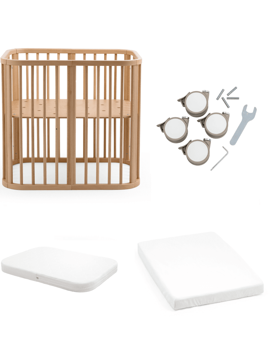 Culla nighti™ mini natural + materasso mini bianco + ruote + lenzuolo con angoli - stokke®