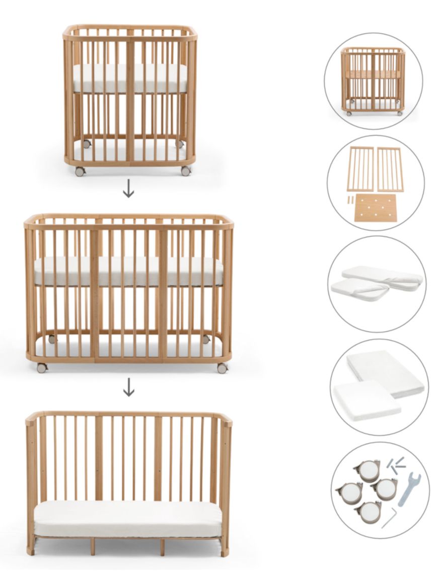 Culla nighti™ mini natural + materasso mini bianco + kit di estensione + materasso + ruote + 2 lenzuola con angoli - stokke®