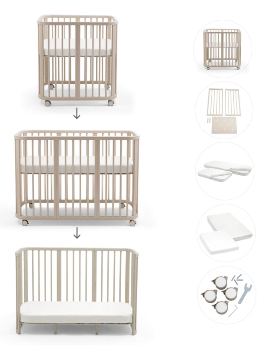 Culla nighti™ mini vanilla white + materasso mini bianco + kit di estensione + materasso + ruote + 2 lenzuola con angoli - stokke®