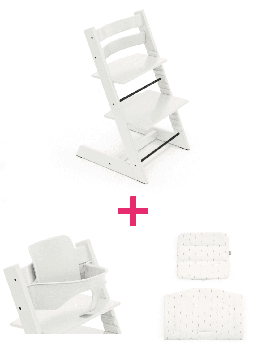 Bundle seggiolone tripp trapp® sedia bianco + babyset + cuscino wheat cream – personalizzabile – stokke®