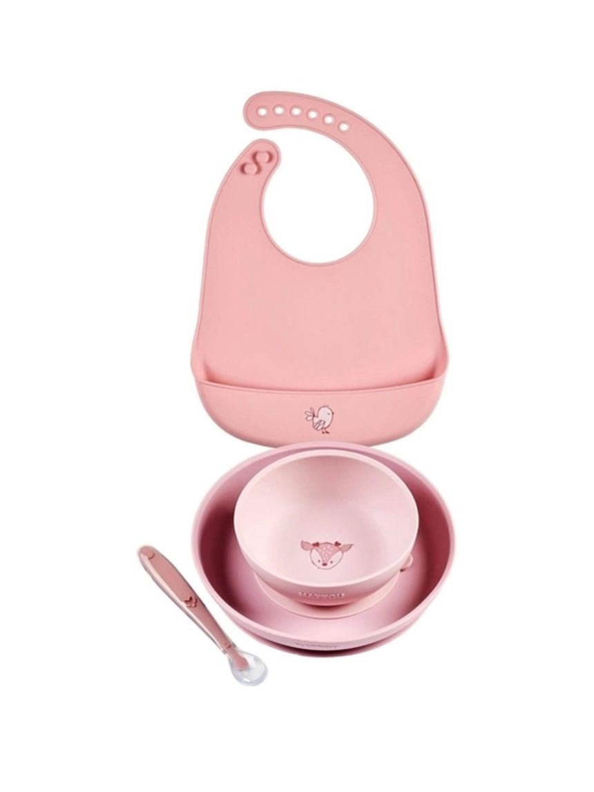 Set 4 pezzi rosa con bavaglino per la pappa in silicone - nattou