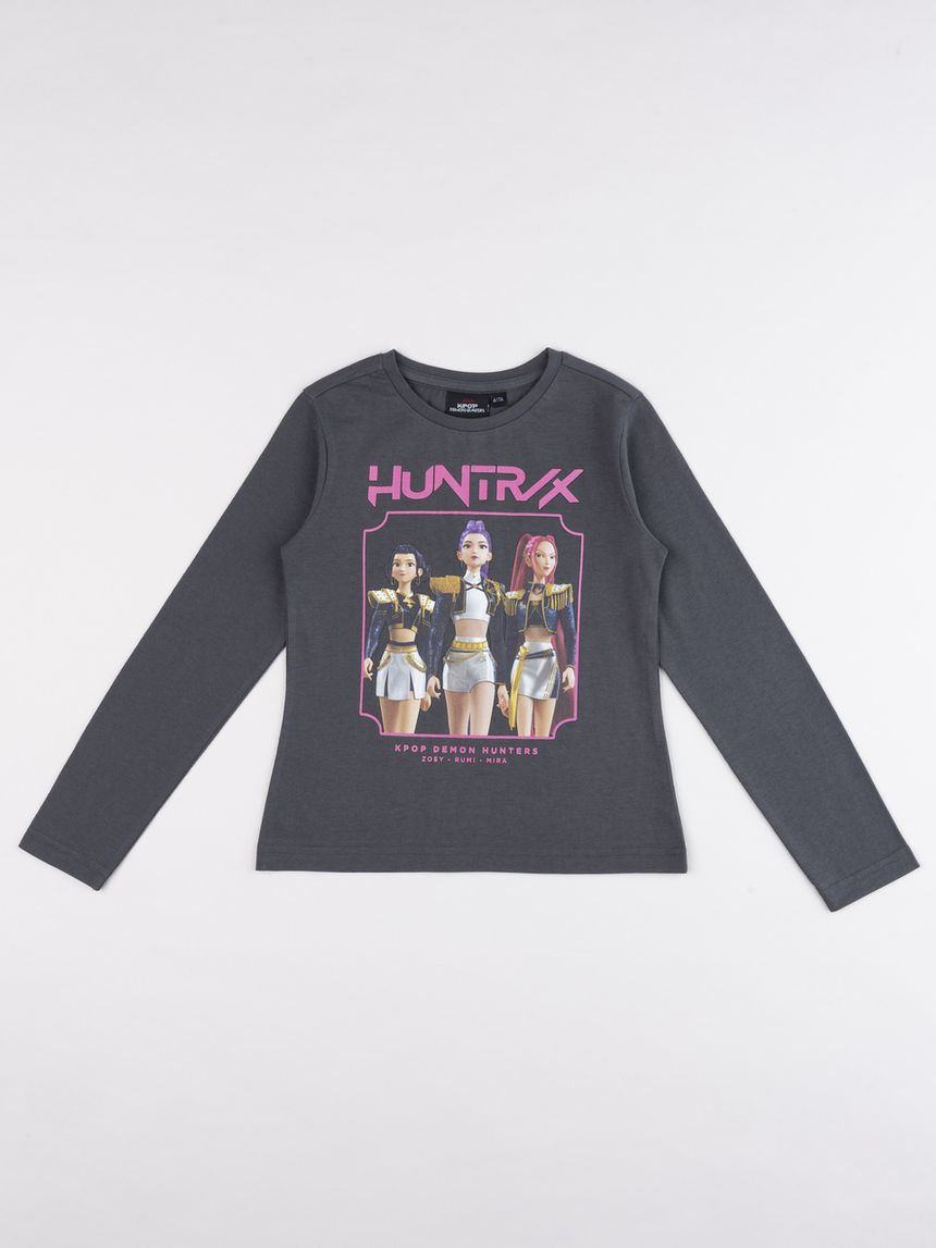 T-shirt bambina a maniche lunghe grigia scura con grafica k-pop