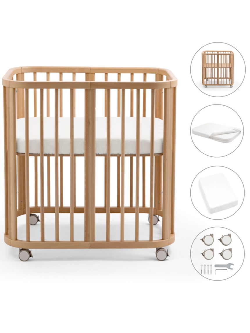 Culla nighti™ mini natural + materasso mini bianco + ruote + lenzuolo con angoli - stokke®