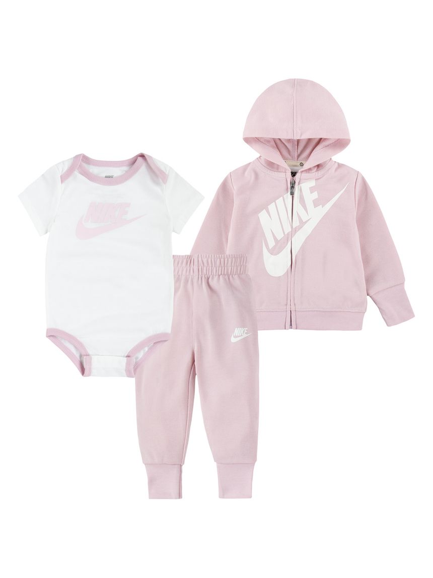 Completo 3 pezzi nike bimba con felpa, body e pantaloni (rosa/bianco)