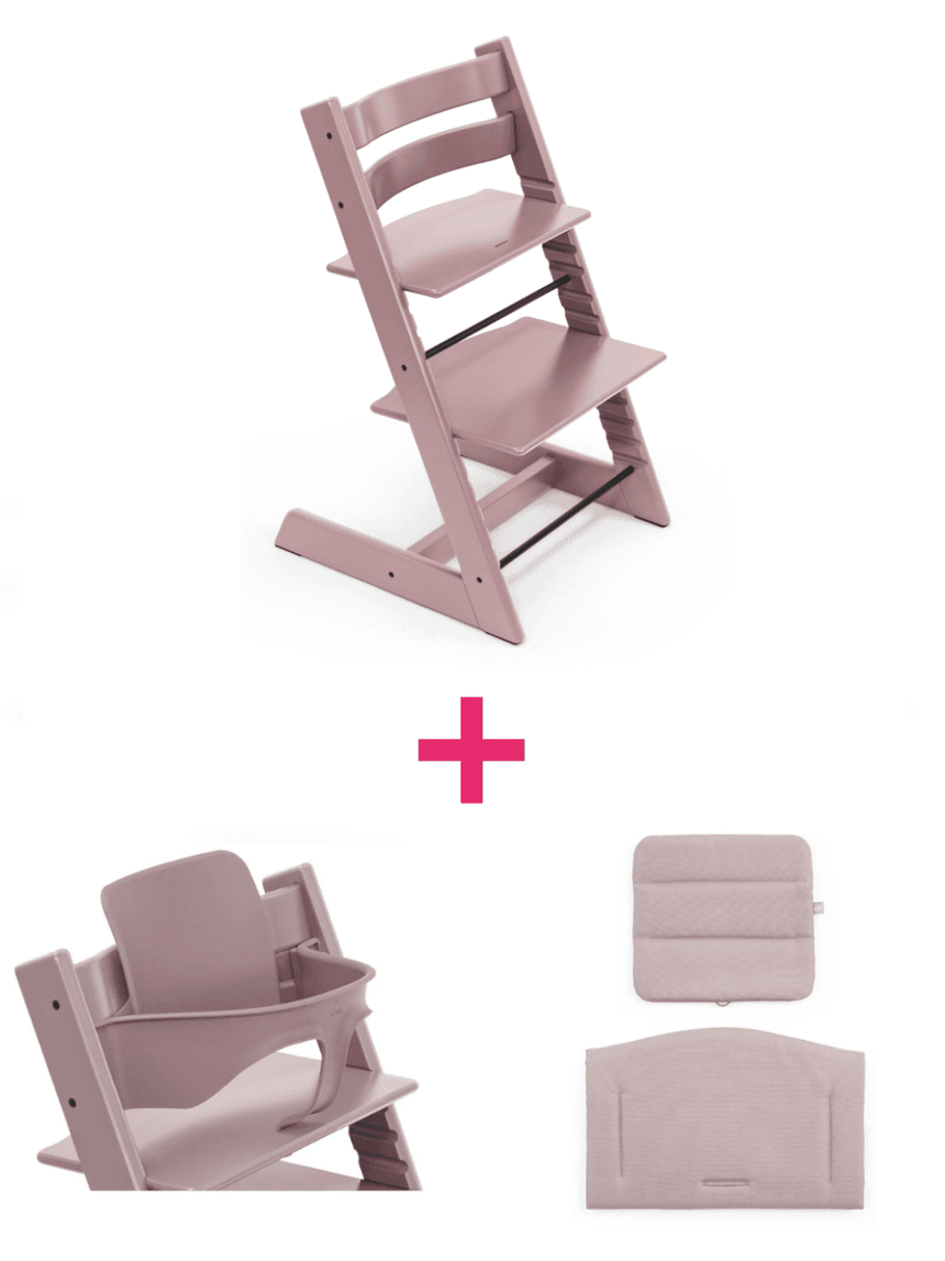 Bundle seggiolone tripp trapp® sedia heather mauve + babyset + cuscino – personalizzabile – stokke®
