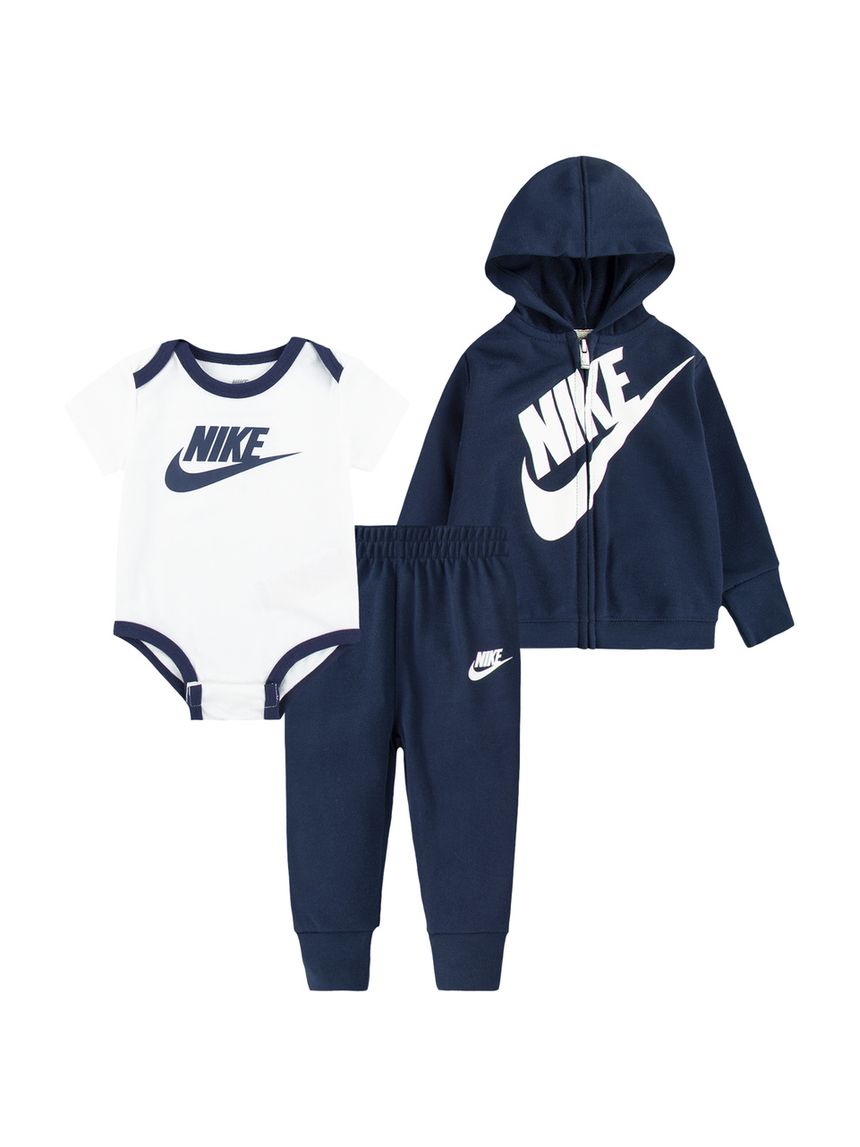 Completo 3 pezzi nike bimbo con felpa, body e pantaloni (blu navy/bianco)