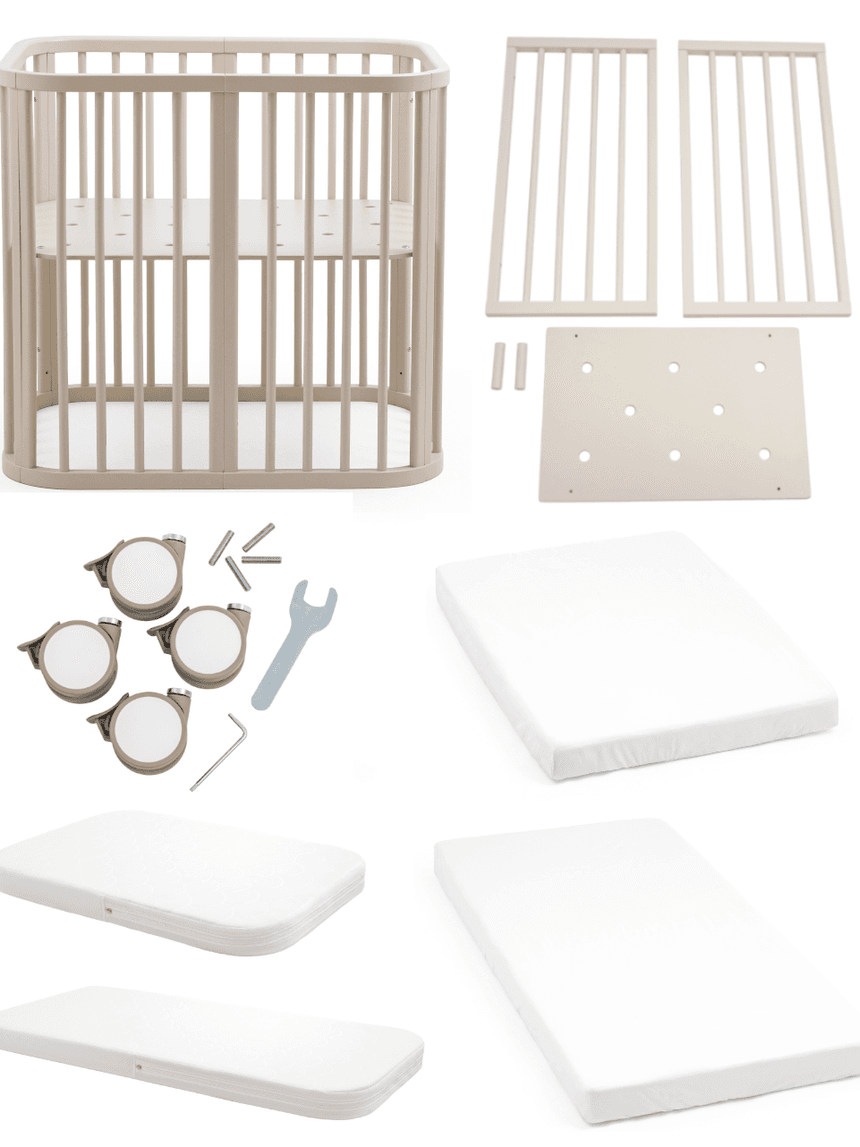 Culla nighti™ mini vanilla white + materasso mini bianco + kit di estensione + materasso + ruote + 2 lenzuola con angoli - stokke®
