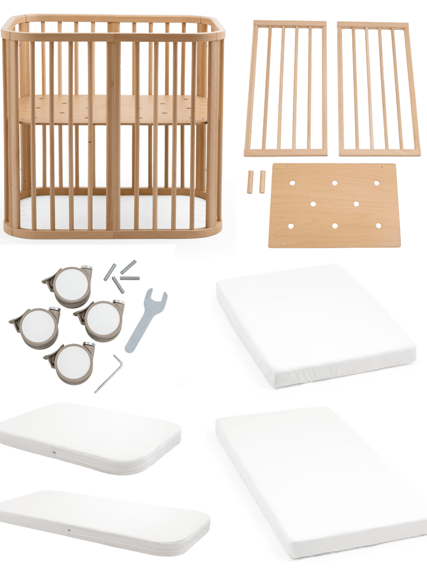 Culla nighti™ mini natural + materasso mini bianco + kit di estensione + materasso + ruote + 2 lenzuola con angoli - stokke®