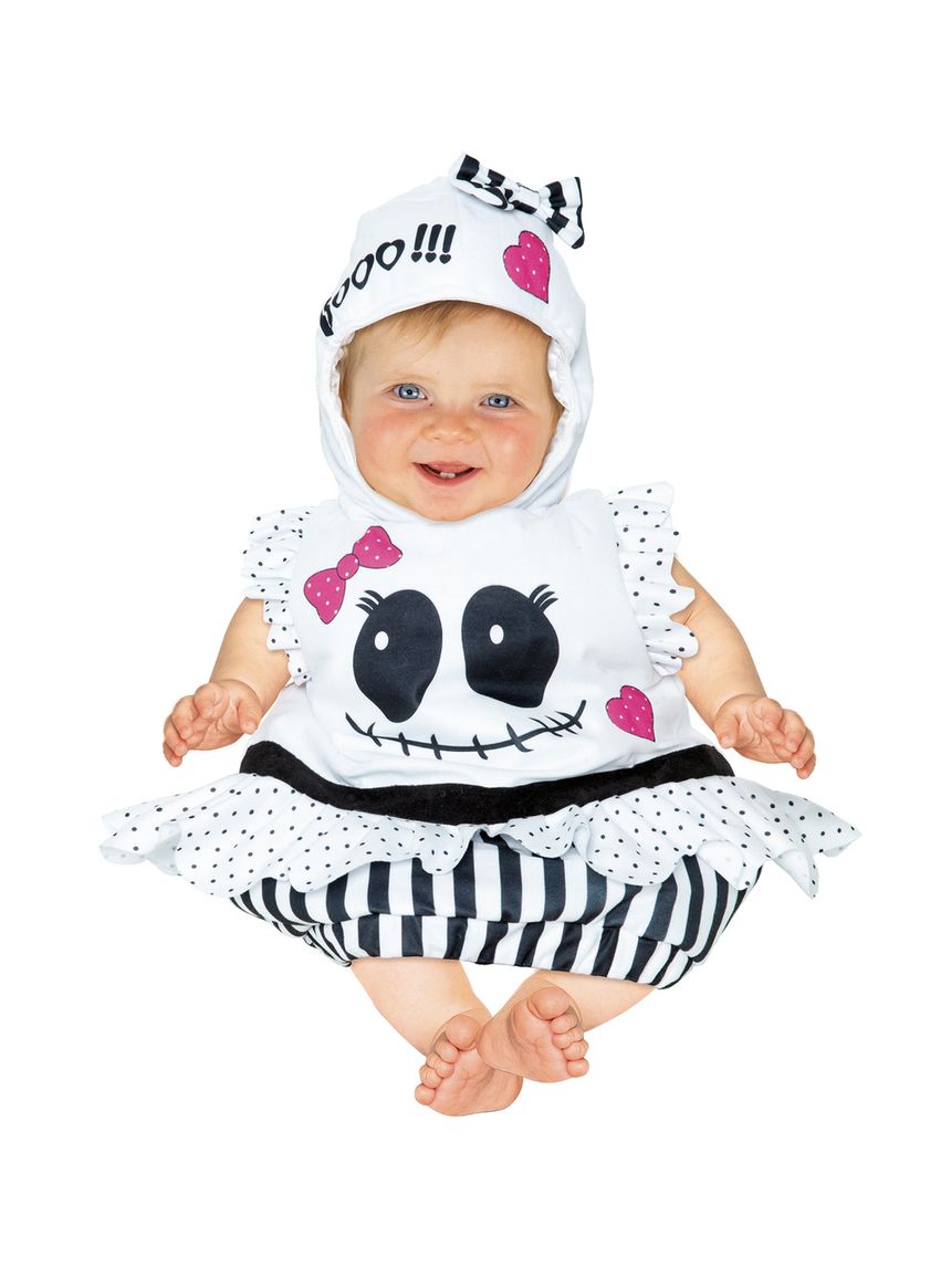 Costume travestimento fantasmina saccotto. fantasmina sbarazzina per neonata, un travestimento bianco, tenero e ricchissimo di dettagli