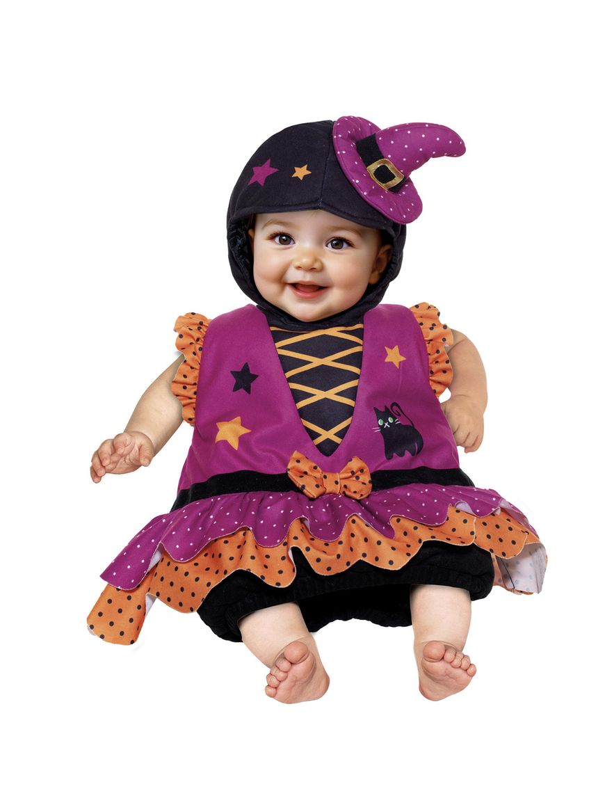 Costume travestimento streghina saccotto. costume da streghetta per neonata, un travestimento magico, coloratissimo e ultra-comodo