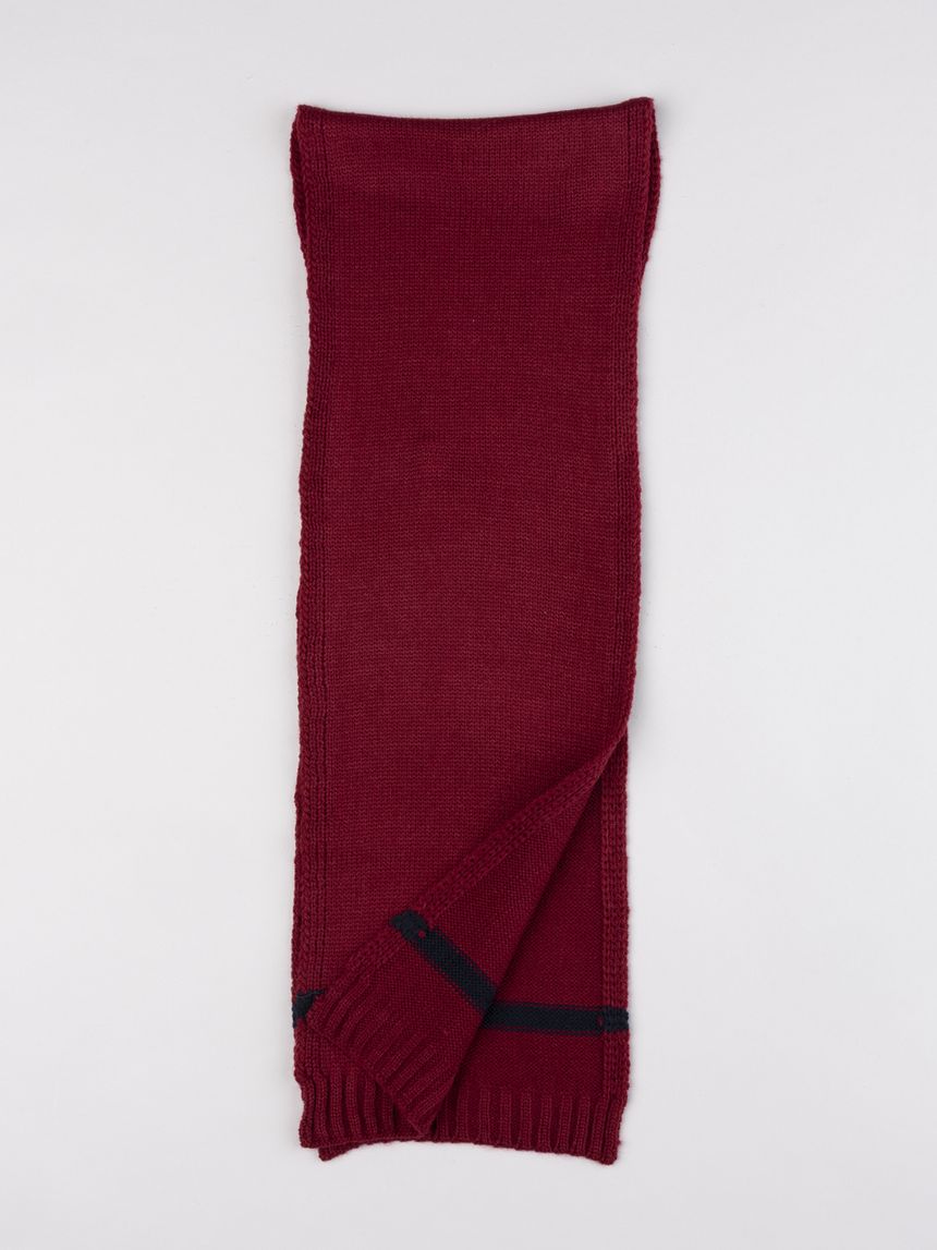 Sciarpa bimbo in maglia bordeaux con riga a contrasto