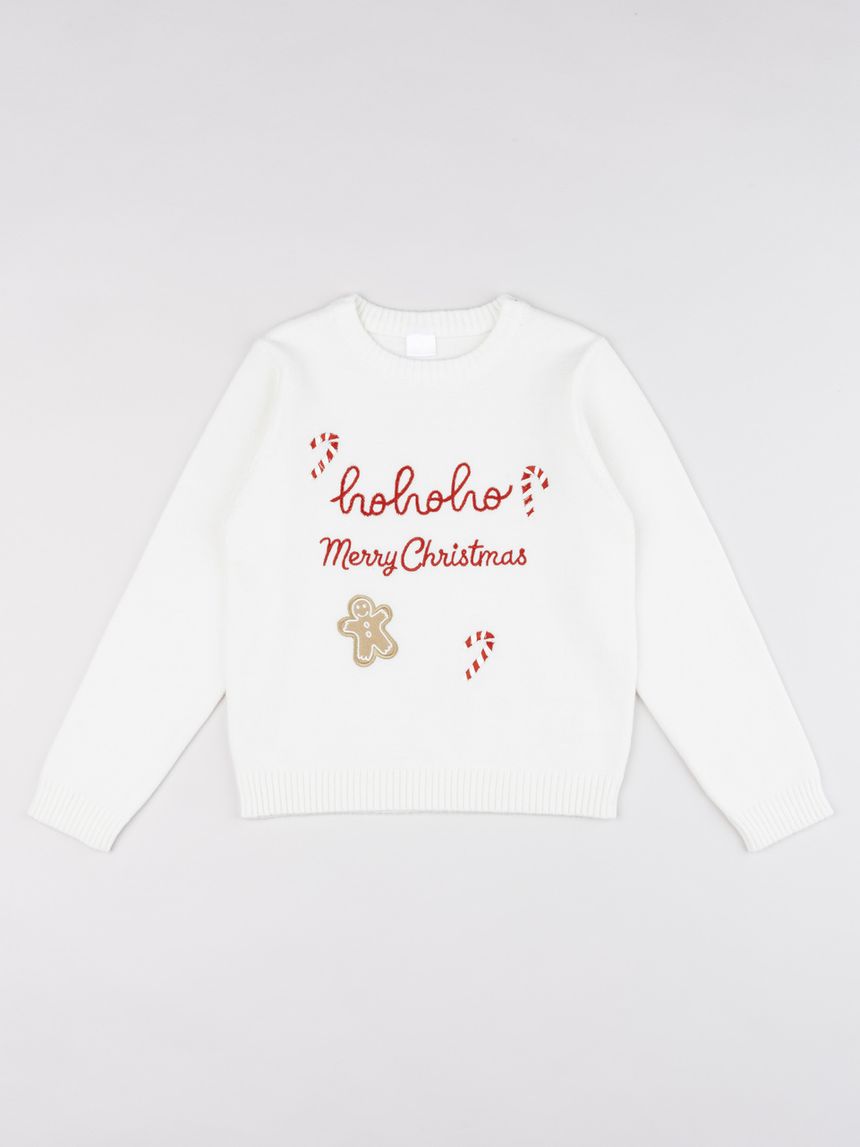 Maglia tricot natale bambina bianca con patch