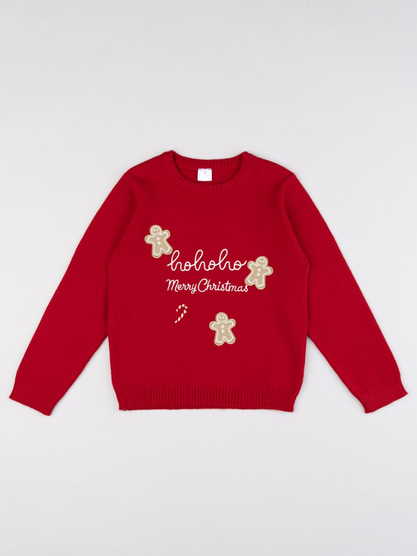 Maglia tricot natale bambino rossa con patch