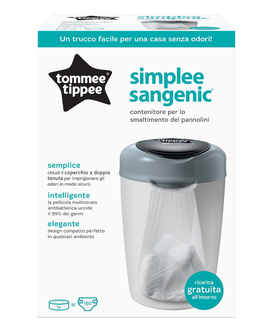 Tommee tippee sangenic simplee sistema di smaltimento pannolini, bianco