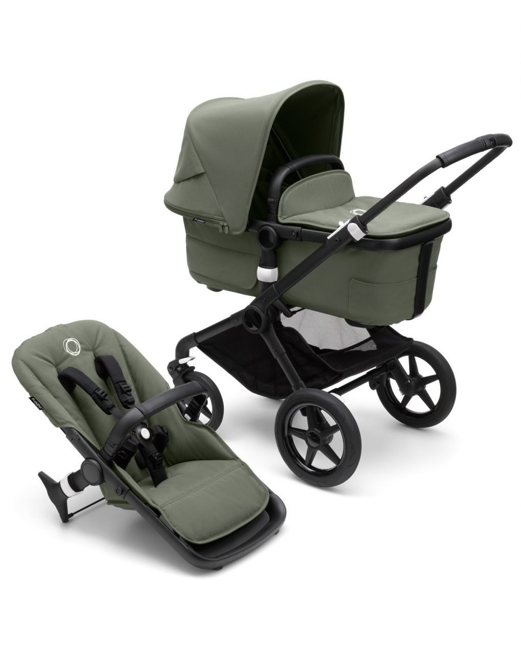 Bugaboo fox 3 navicella e passeggino telaio black, tessuti e cappottina forest green