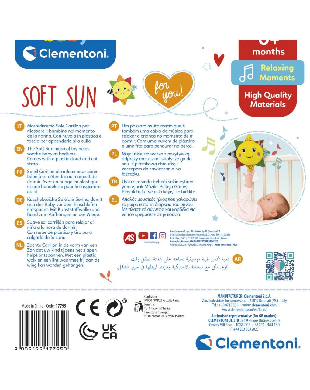 Baby clementoni - soft sun gioco musicale, carillon neonato