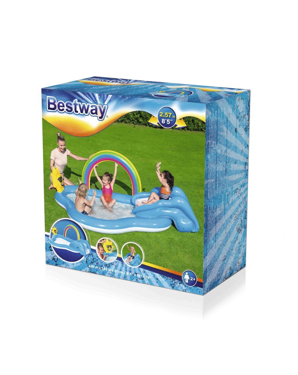Play center arcobaleno 257x145x91 cm con scivolo e spruzzatore a forma di sole - bestway