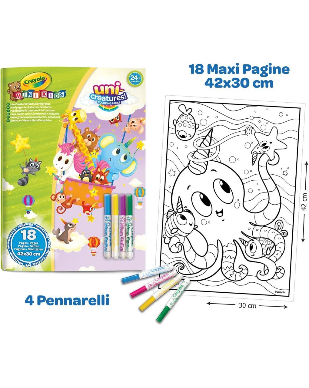 Set maxi pagine da colorare uni-creatures e pennarelli lavabili - crayola mini kids