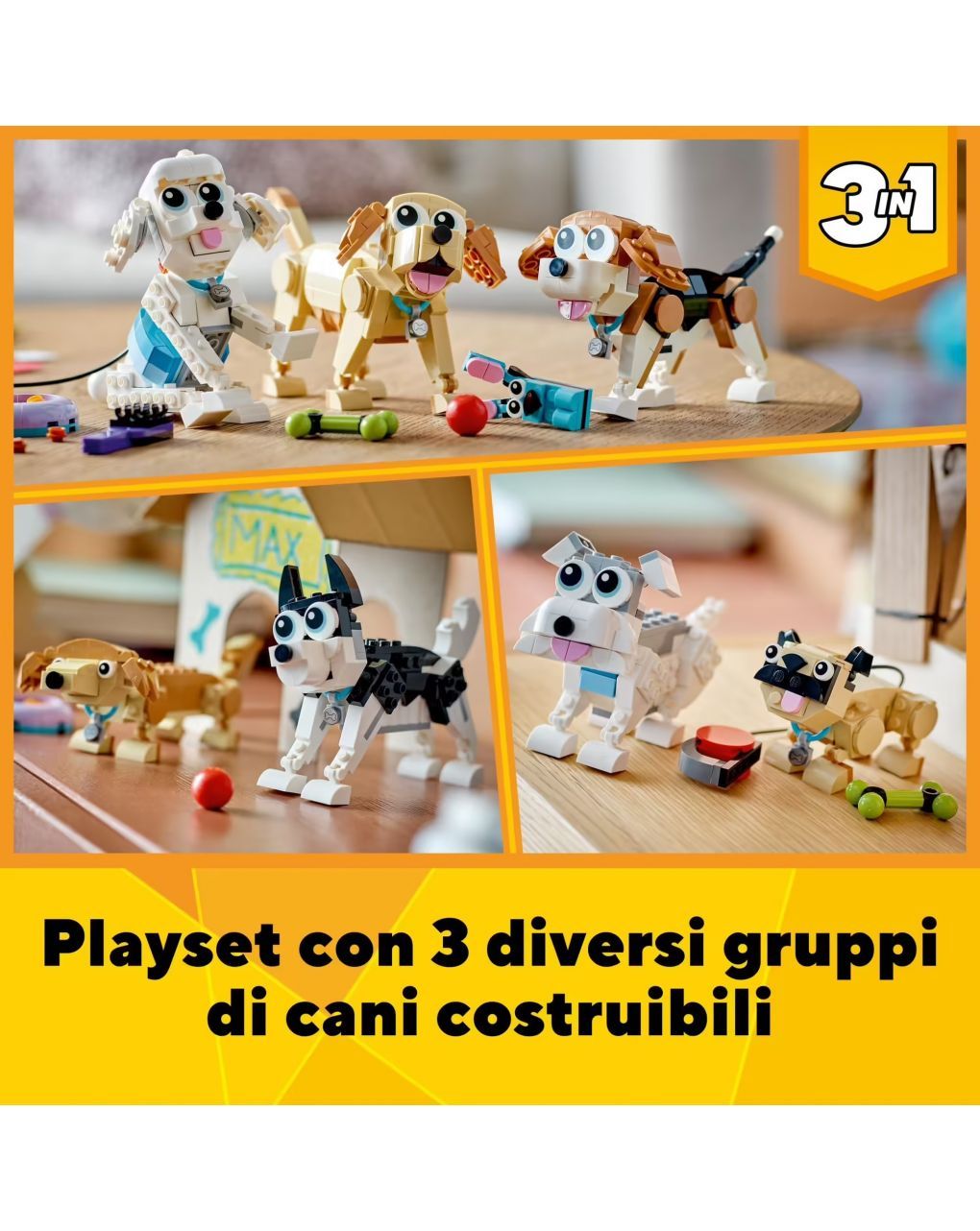 Adorabili cagnolini set 3 in 1 con bassotto carlino barboncino + altri animali da costruire - lego creator
