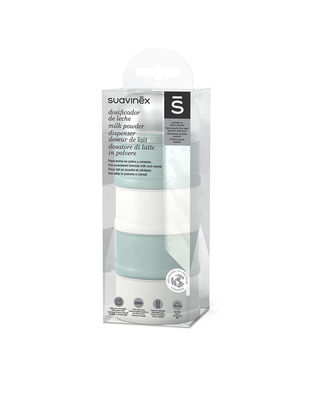 Dosatore latte in polvere collezione bonhomia verde. 4 scomparti – suavinex