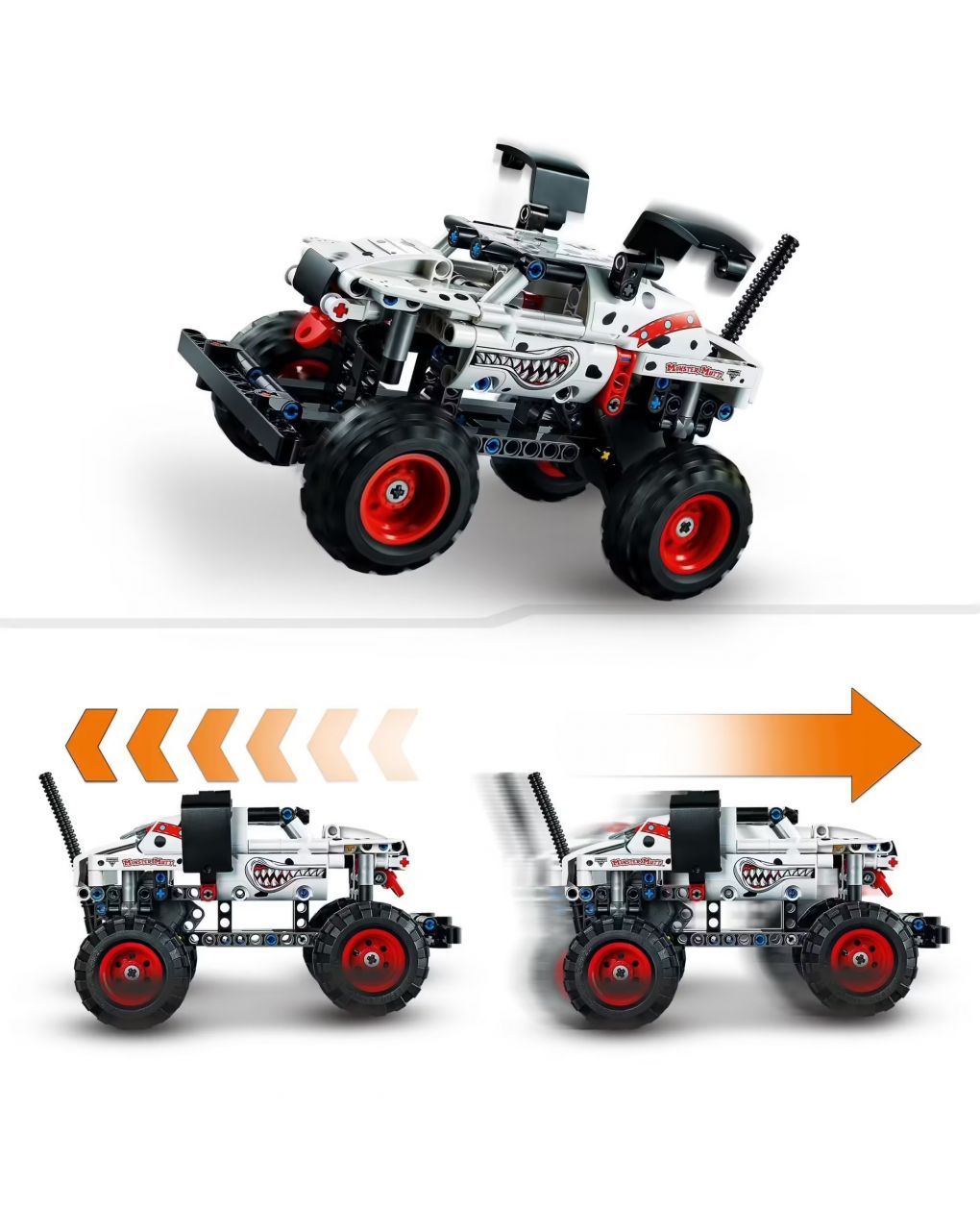 Monster mutt monster jam dalmata - set 2 in 1 con pull-back - auto offroad monster truck e camion giocattolo - lego technic