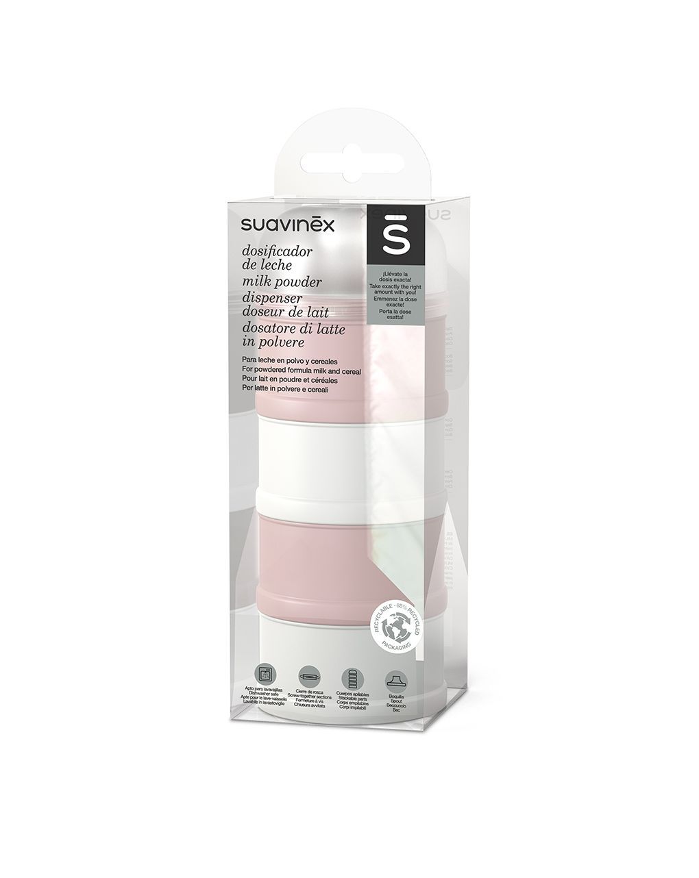 Dosatore latte in polvere collezione bonhomia rosa. 4 scomparti – suavinex