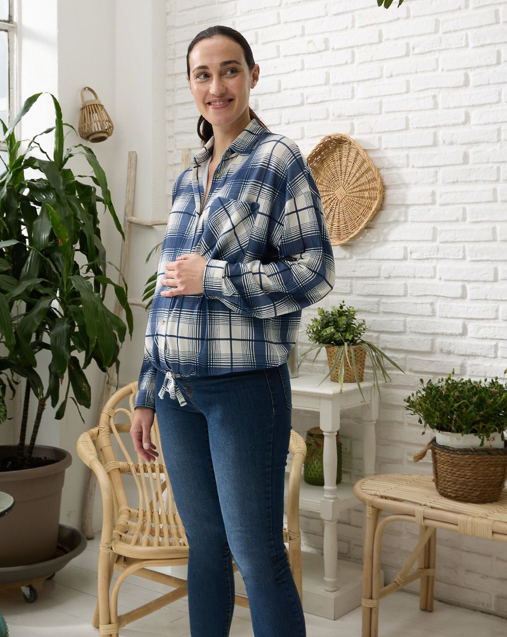 Camicia premaman con fantasia check blu