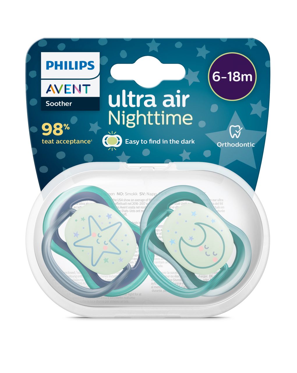 2 ciucci ultra air night time 6-18 mesi decorazione stella/luna - philips avent