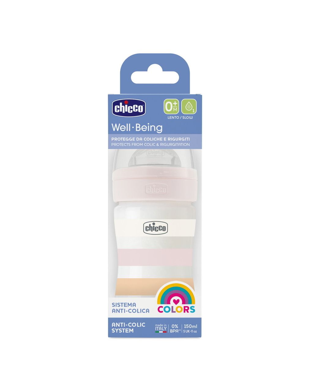 Biberon benessere 150ml flusso lento in plastica bianco rosa - chicco
