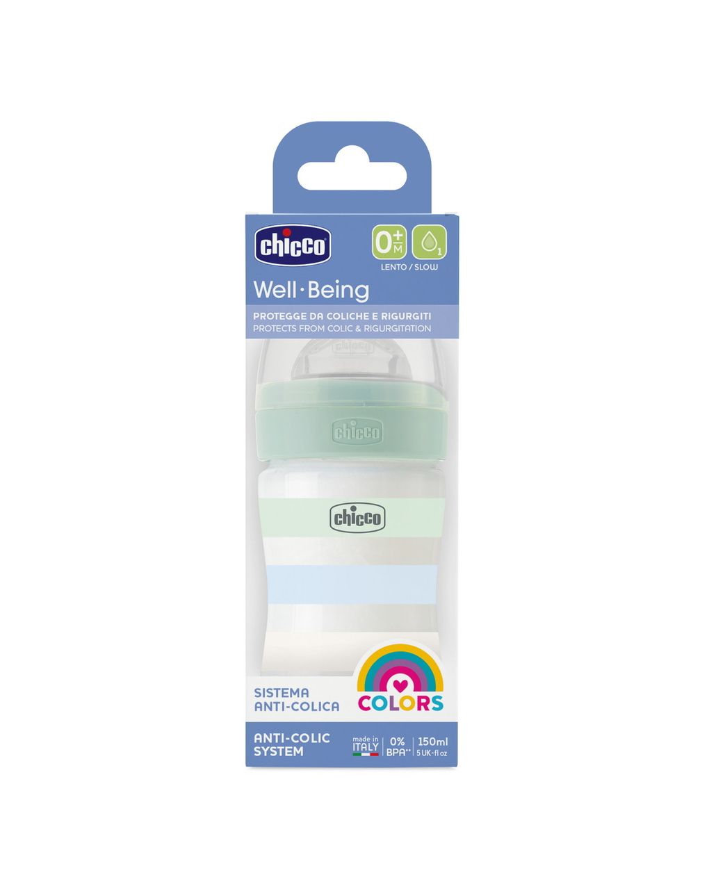Biberon benessere 150ml flusso lento in plastica verde azzurro - chicco