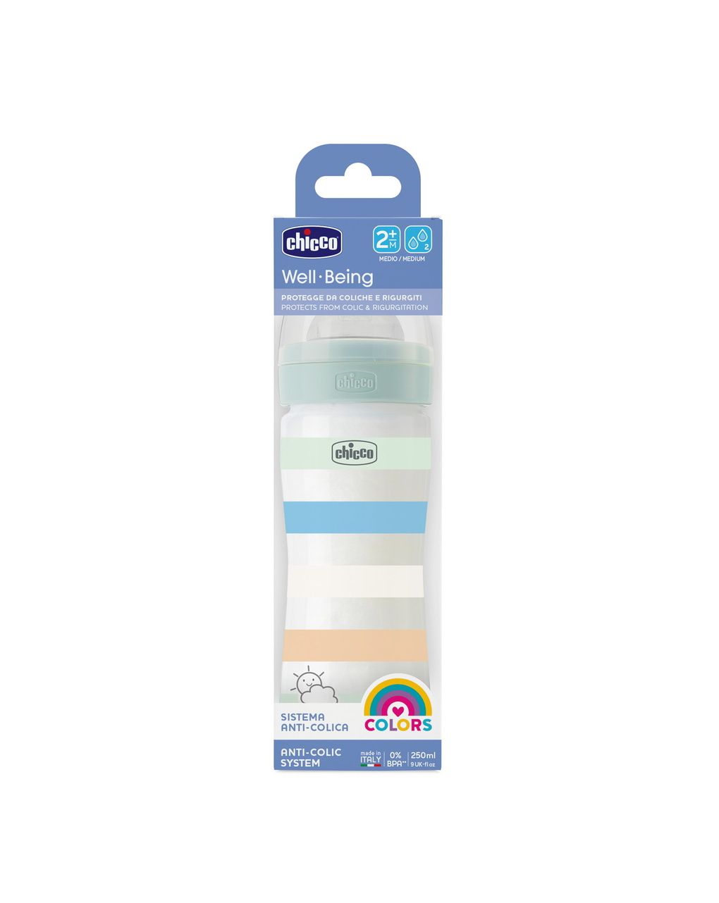 Biberon benessere 250ml flusso medio in plastica verde azzurro - chicco