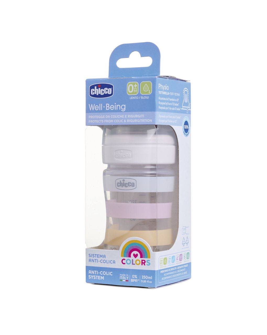 Biberon benessere 150ml flusso lento in plastica bianco rosa - chicco