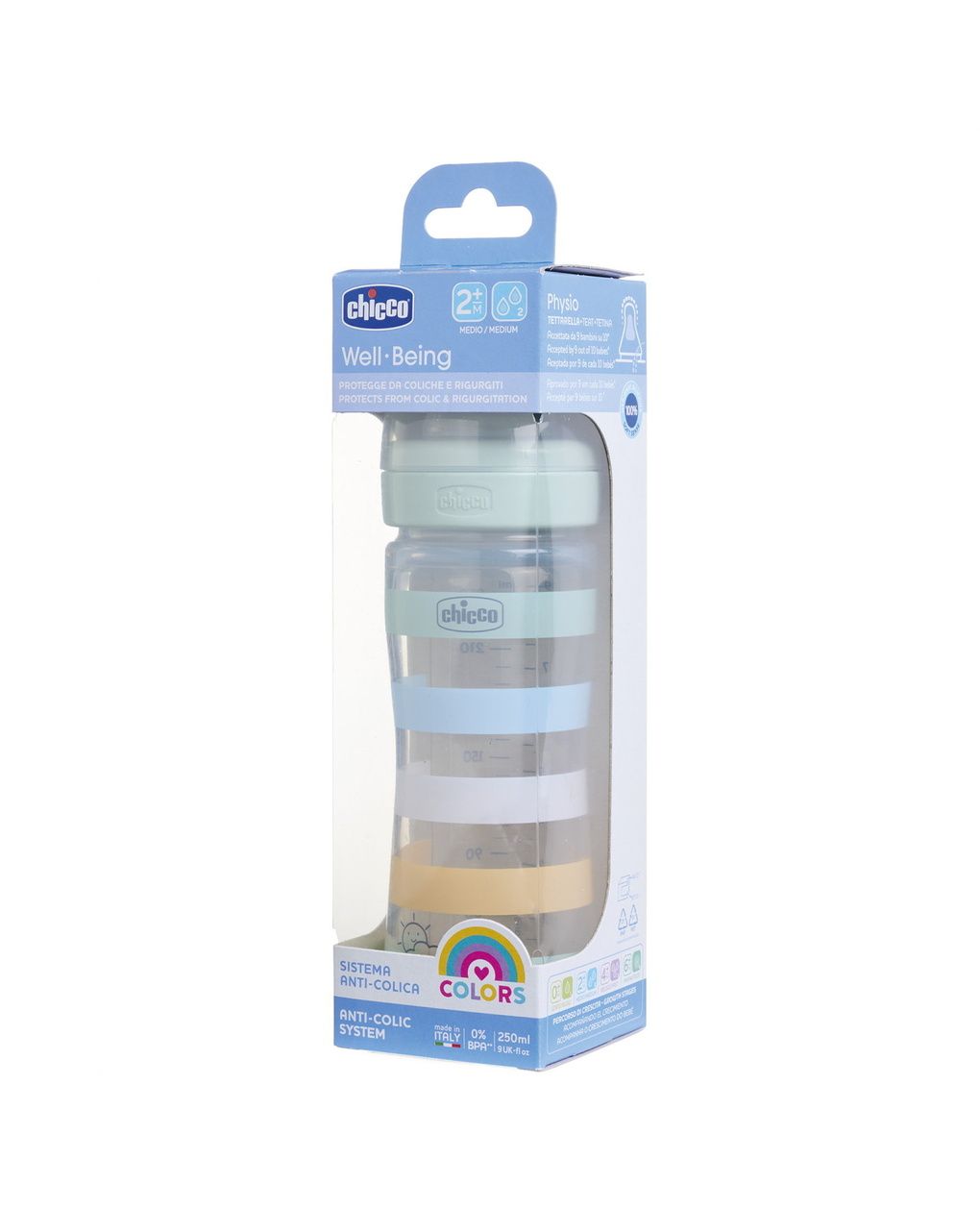 Biberon benessere 250ml flusso medio in plastica verde azzurro - chicco