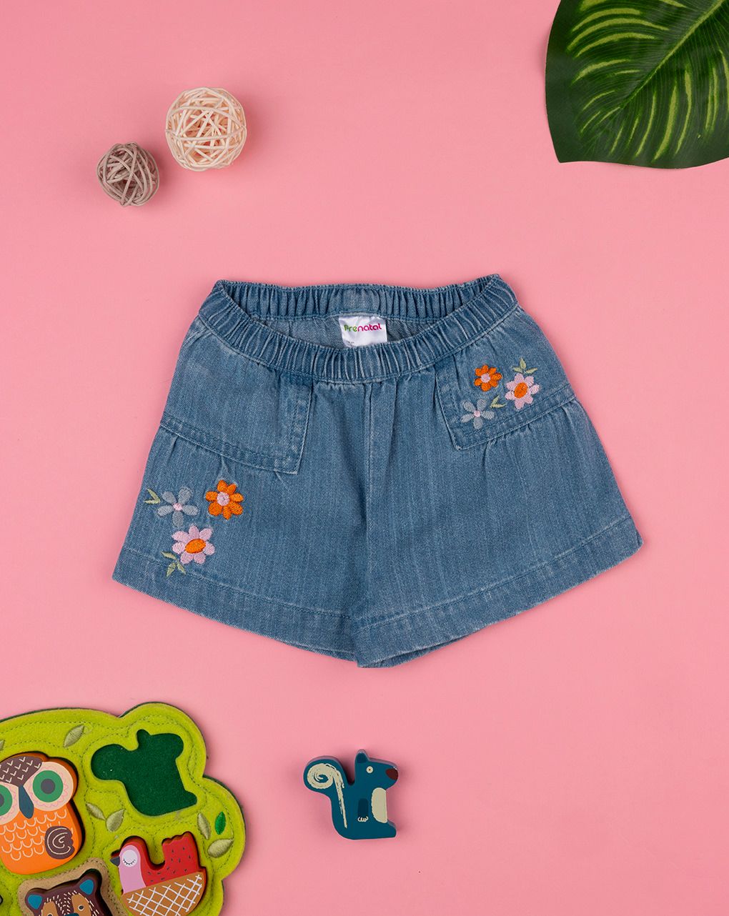 Shorts bimba denim ricamati