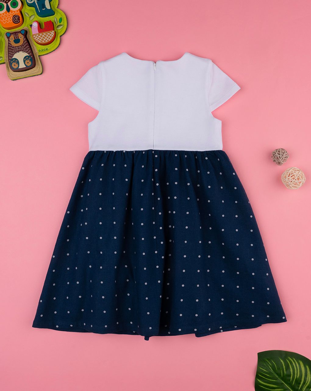 Abito lino con gonna blue a pois