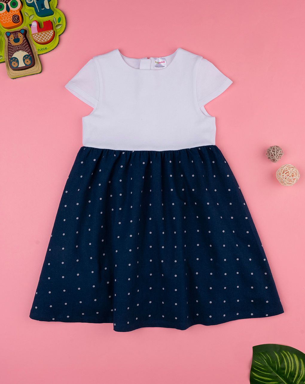 Abito lino con gonna blue a pois